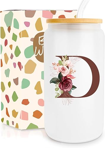 Miniatura 1 de Taza de vidrio inicial  Regalos de cumpleaños para mujeres  Tazas de vidrio de 16 onzas con pajitas con tapas, vaso de vidrio con monograma, taza de