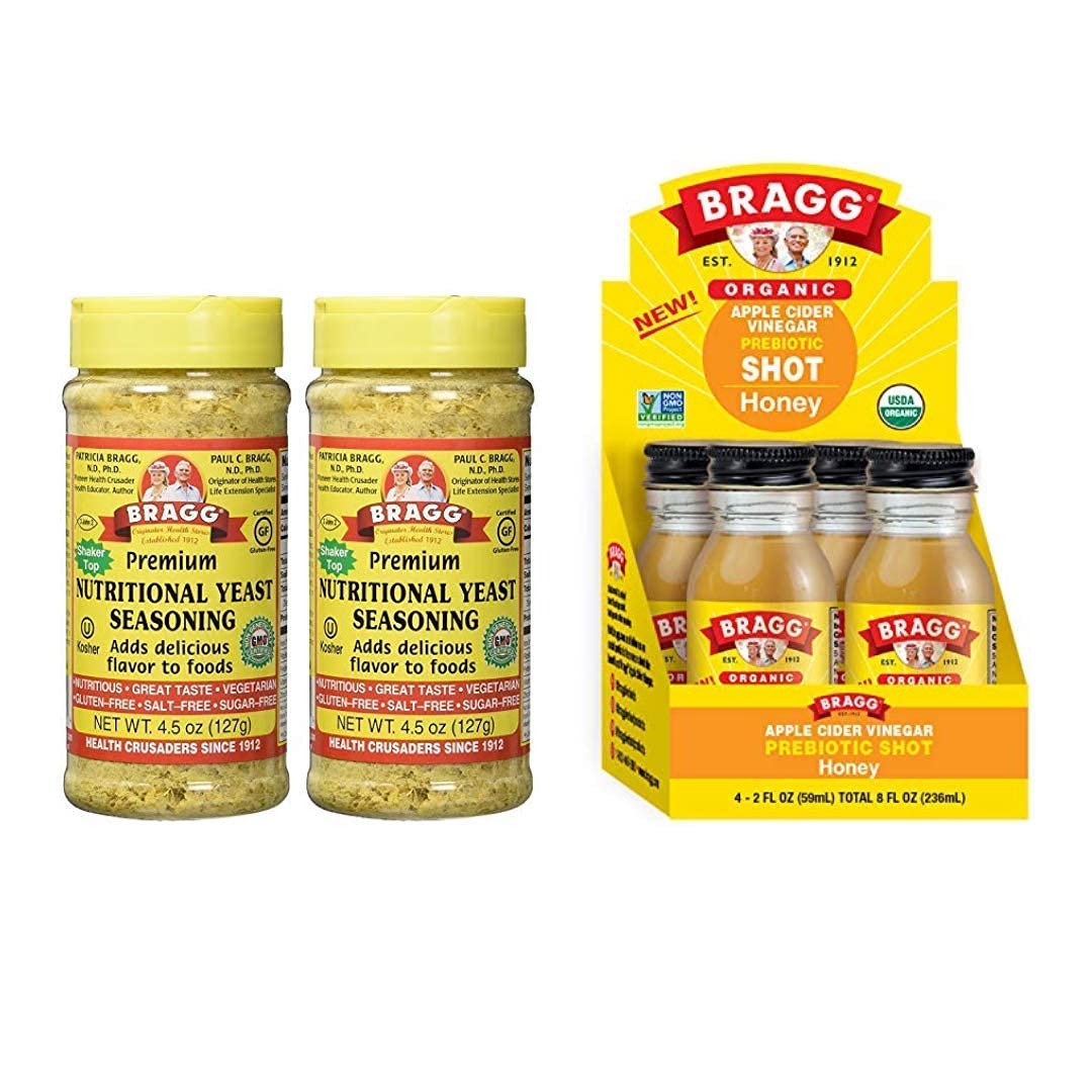 Bragg Nutritional Yeast Seasoning 4.5 Oz Pack of 2 and Bragg Organic Apple Cider Vinegar Shot with H