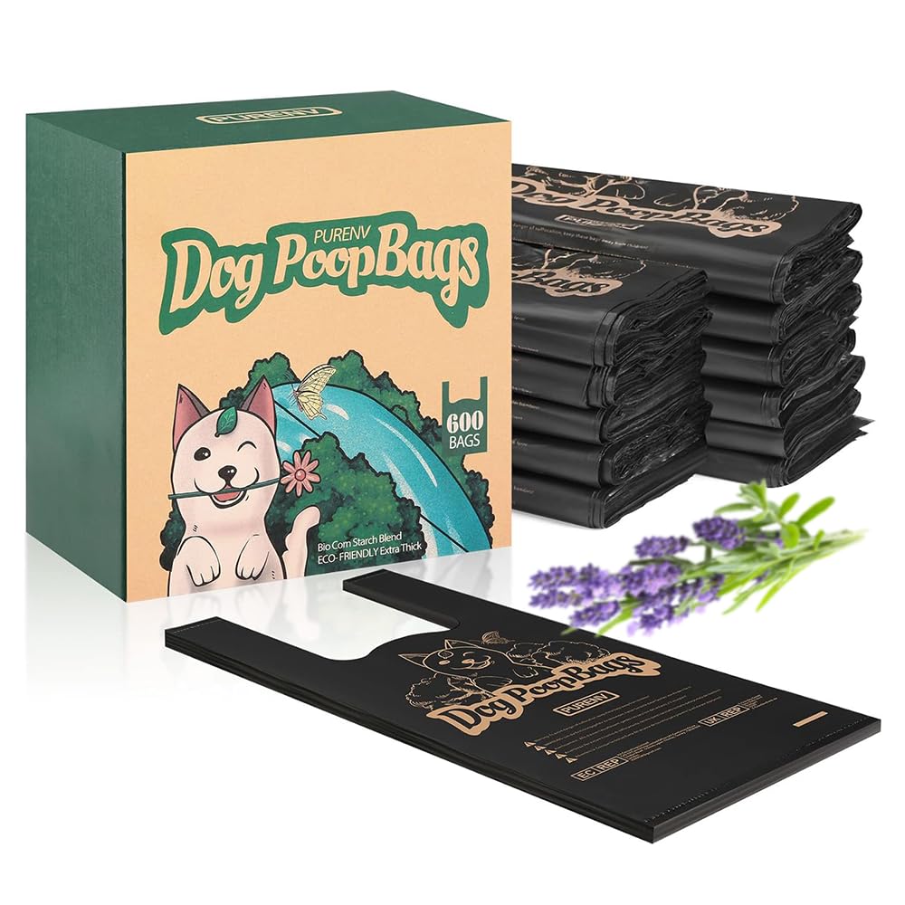 PURENV Biodegradabili Sacchetti Cane con Manici,600 Pezzi Ecologico Sacchettini per Pupù per Cani con profumo di lavanda, 18 * 38 CM Extra Grande, 100% Prova di Perdite Ultra spessa, Super Forte