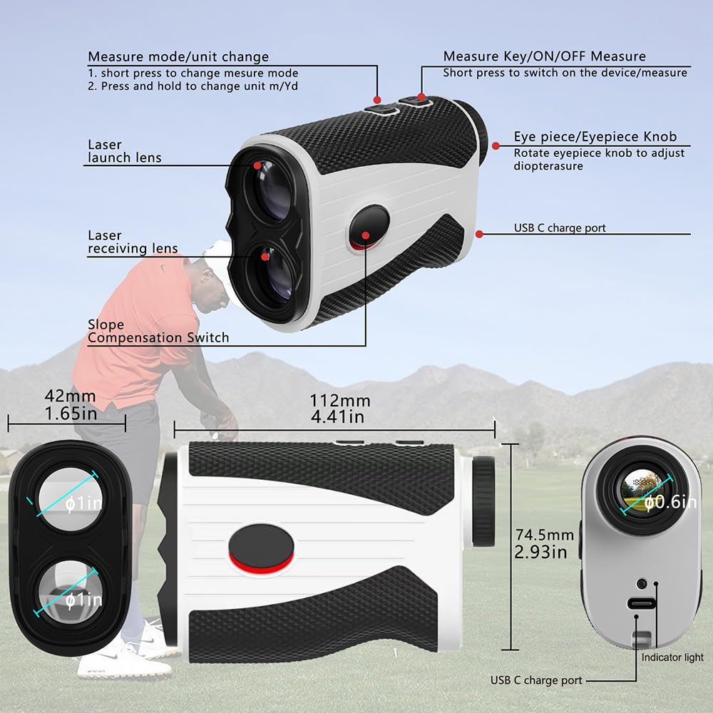 Telemetro da golf con ingrandimento 7x, telemetro laser da 1200 metri con compensazione della pendenza, vibrazione Flag-Lock e batteria ricaricabile, ideale per golfisti, caccia e attività all'aperto