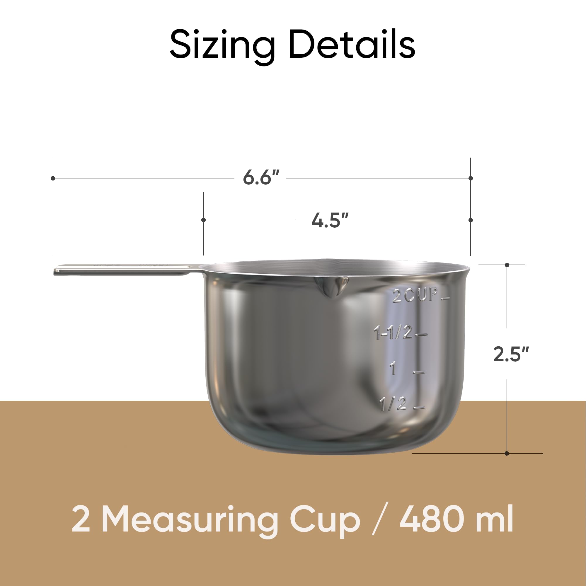 Color Up Taza medidora premium de 2 tazas (480 ml), acero inoxidable, construcción de una sola pieza, apta para lavavajillas, precisa para ingredientes húmedos y secos, una sola taza