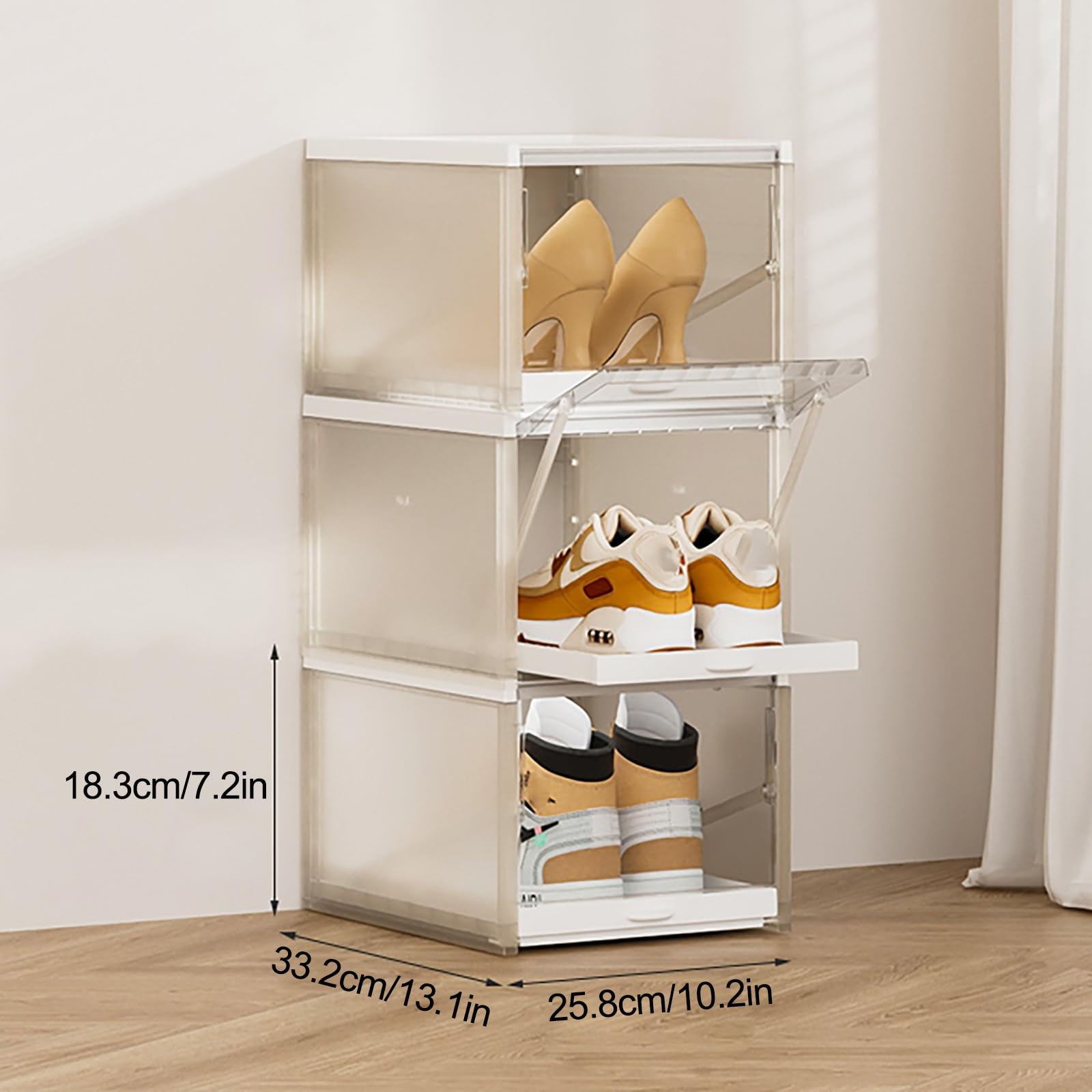 Zapatero modular de 3 niveles con cubierta transparente apilable para armario, entrada y sala de estar, diseño vertical de polipropileno para un fácil acceso