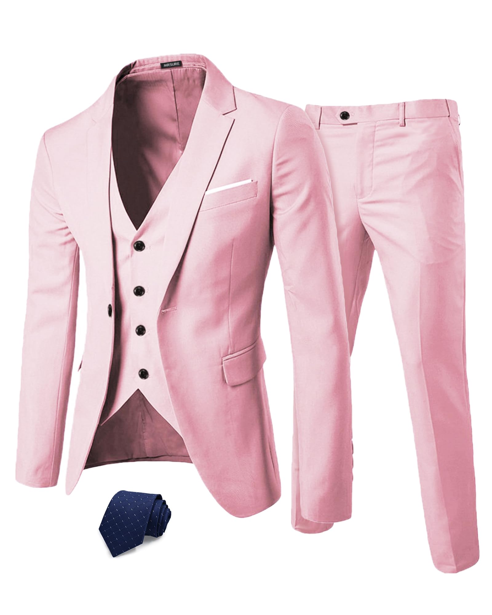 MrSure Men’s 3 Piece Suit Blazer, Slim Fit Tux with One Button, Jacket Vest Pants & Tie Set for Party, Wedding and Business, Light Pink, XS
