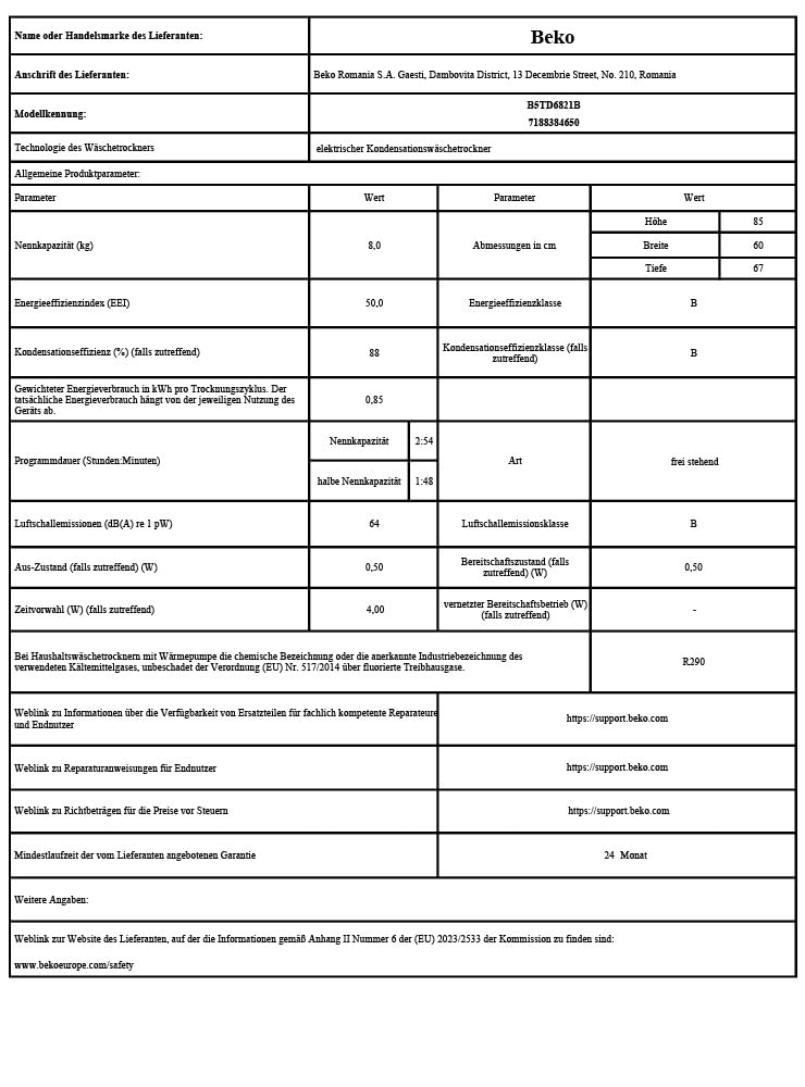 Beko B5TD6821B Wäschetrockner, 8 kg, Frontlader Wärmepumpentrockner, 15 Programme, Sensortrocknung, Leise-Programm, Aquawave Schontrommel, Säulenfähig, Weiß