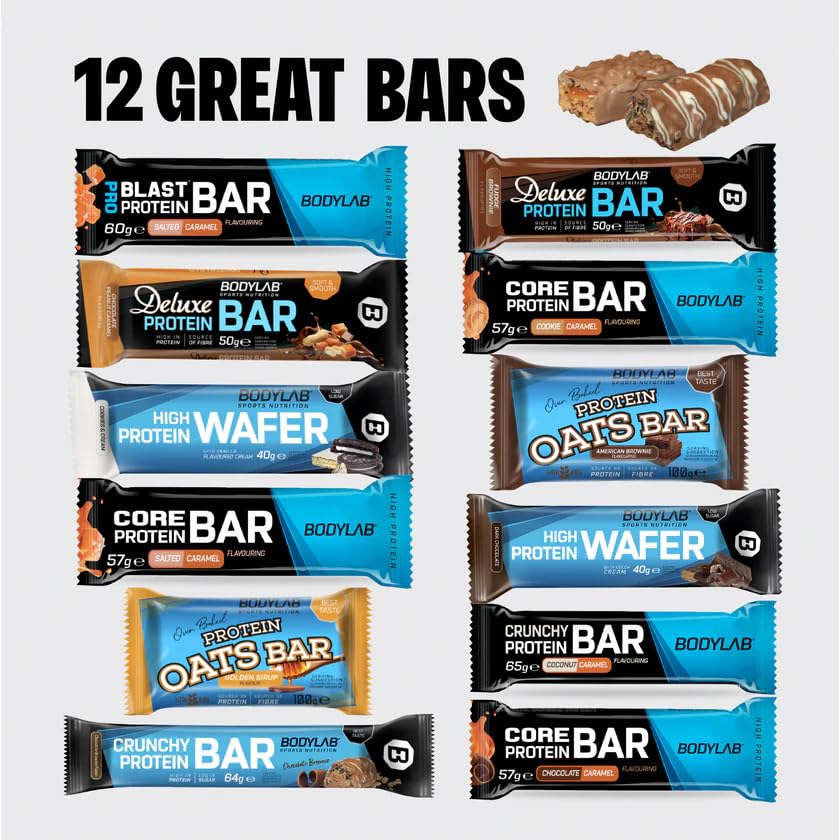 Bodylab24 Protein Bar Mix Box 2, mit 12 unterschiedlichen Proteinriegeln, Eiweißriegel zum Probieren und Verschenken, Low Carb High Protein Riegel