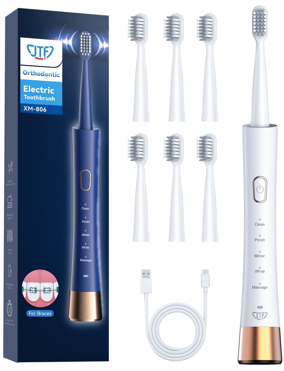 JTF Brosse à dents électrique orthodontique pour appareils dentaires : 6 têtes de brosse souples en forme de U, 5 modes de brossage, minuterie de 2 min, étanchéité IPX7, nettoyage buccal profond