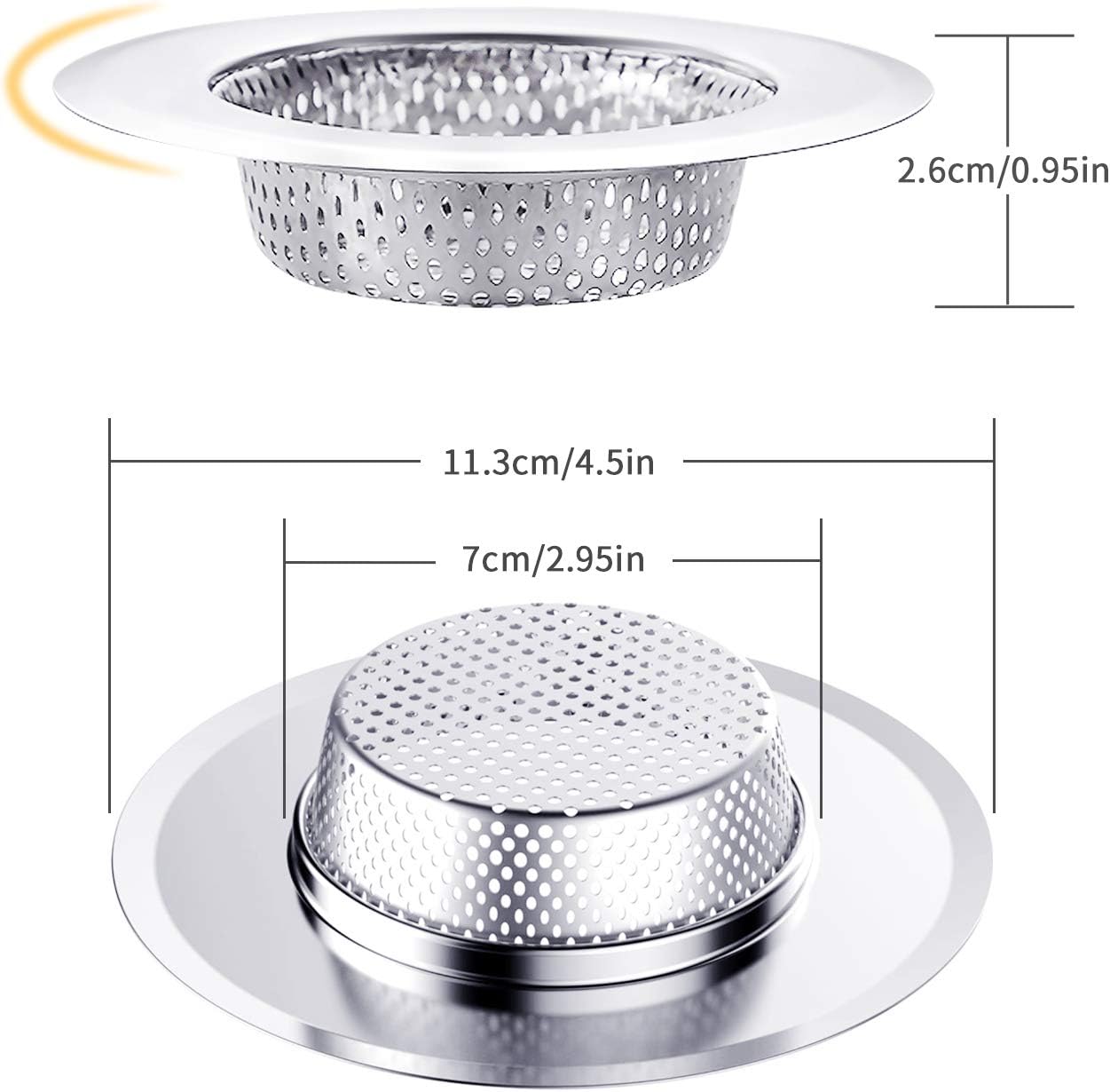 YAZEN 2 PCS Kitchen Sink Drain Strainer, Wide Rim 4.5” Diameter Stainless Steel Sink Strainer - Rust Proof Anti-Clogging Kitchen Sink Strainer Basket Fits Most Standard Size Sinks