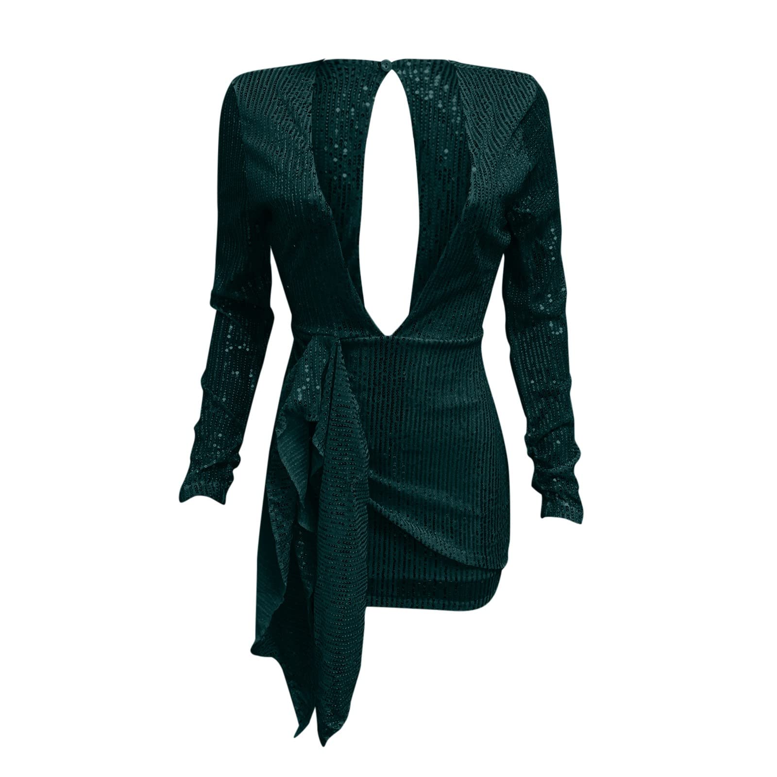 Abito da donna sexy con glitter abito a maniche lunghe con scollo a V profondo abito da cocktail tinta unita abiti da festa per donne abito corto irregolare orlo slim fit abito da ballo abito bodycon