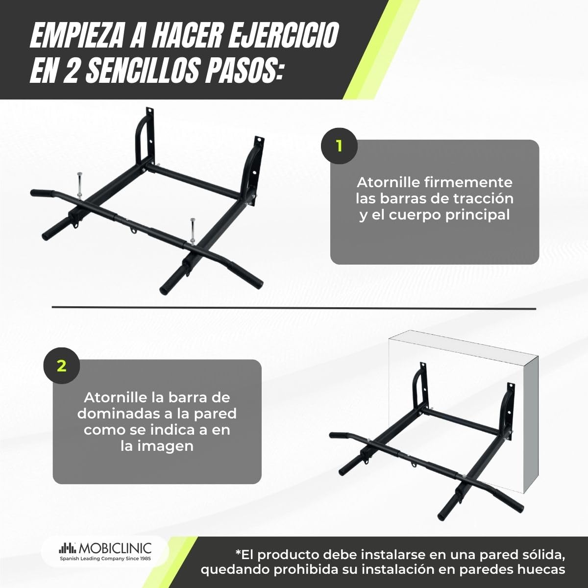 Mobiclinic®, Barra dominadas, Kit de anclaje incluido, Apto para saco boxeo, Asas antideslizantes, Pared, Hasta 250 kg, Multifuncional, Calistenia, Gimnasio en casa, K2