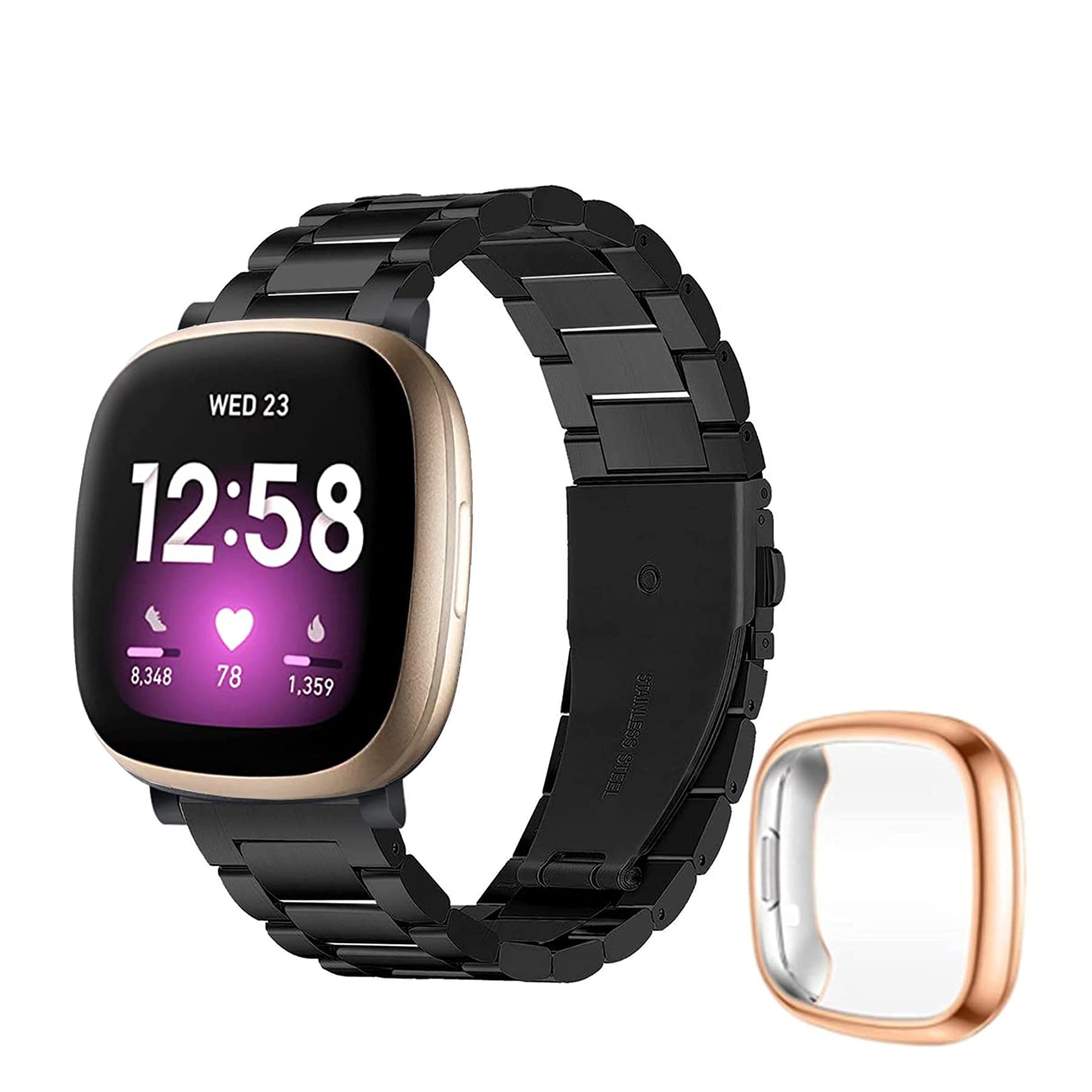 EANWirelessfor Versa 3/Sense Band Replacement, Quick Release Stainless Steel Strap and TPU Slim Protective Case Compatible for Fitbit Sense/Versa 3 Women Men Dressy