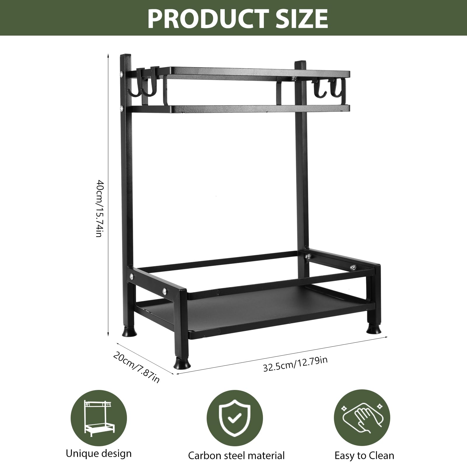 Estante De Cocina De 2 Niveles Para Especias - Acero Al Carbono Negro - Organizador De Encimera 40x32.5x20 Cm