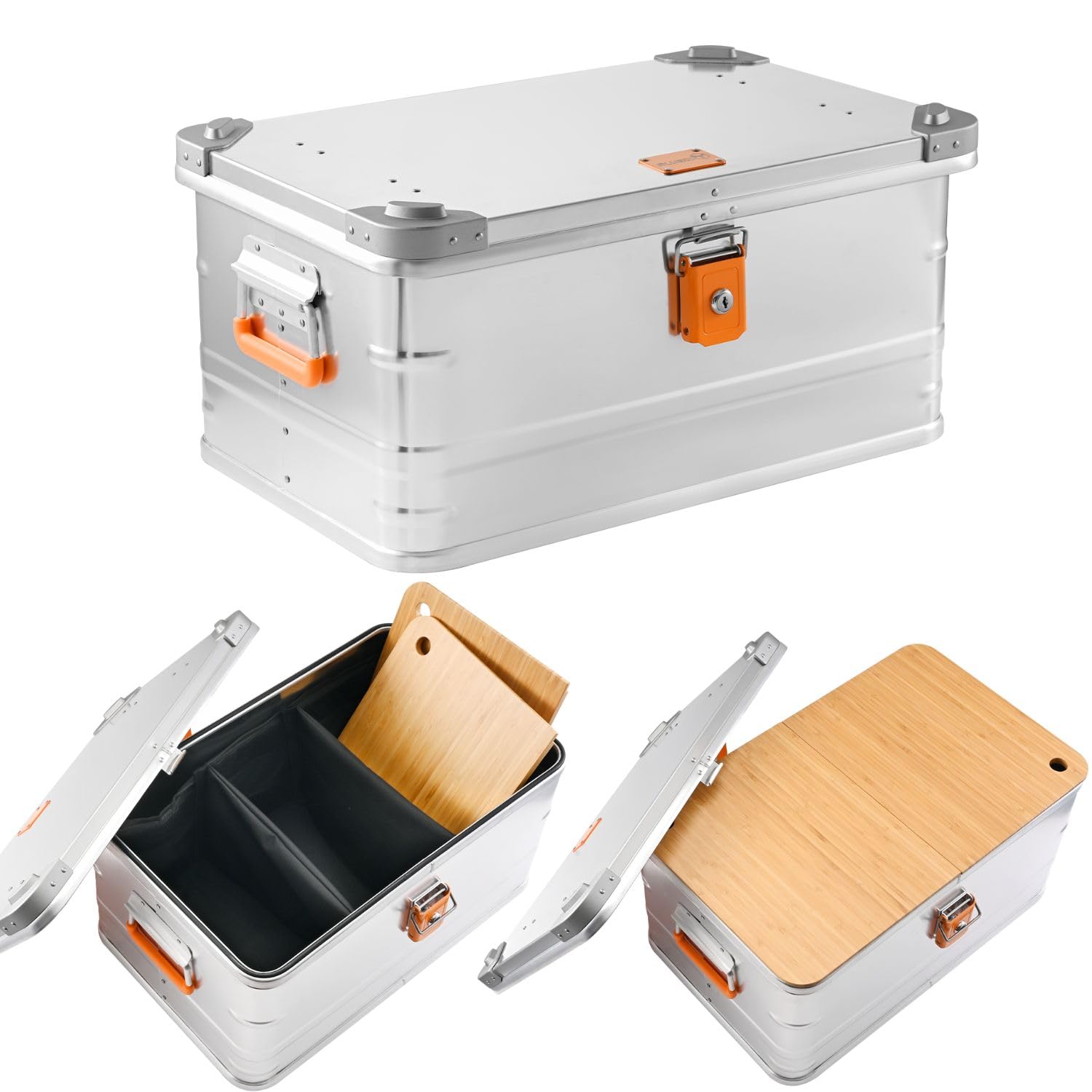 Alubox® Campingbox 47 Liter - Aluminium Kitchenbox Campingküche - leichte tragbare Küchenbox 59,5 x 39 x 29 cm für PKW/Auto Kofferraum inklusive 2 Schneidebretter