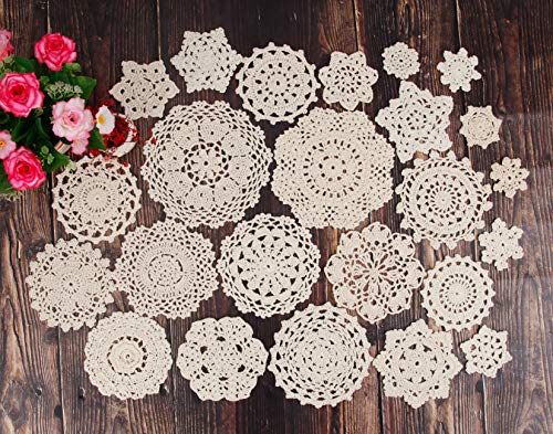 100% Cotton Handmade Crochet Doilies Cup Mat Pad Coaster 24 Vintage Crochet Motifs 2-7 inches Beige - Thumbnail 2