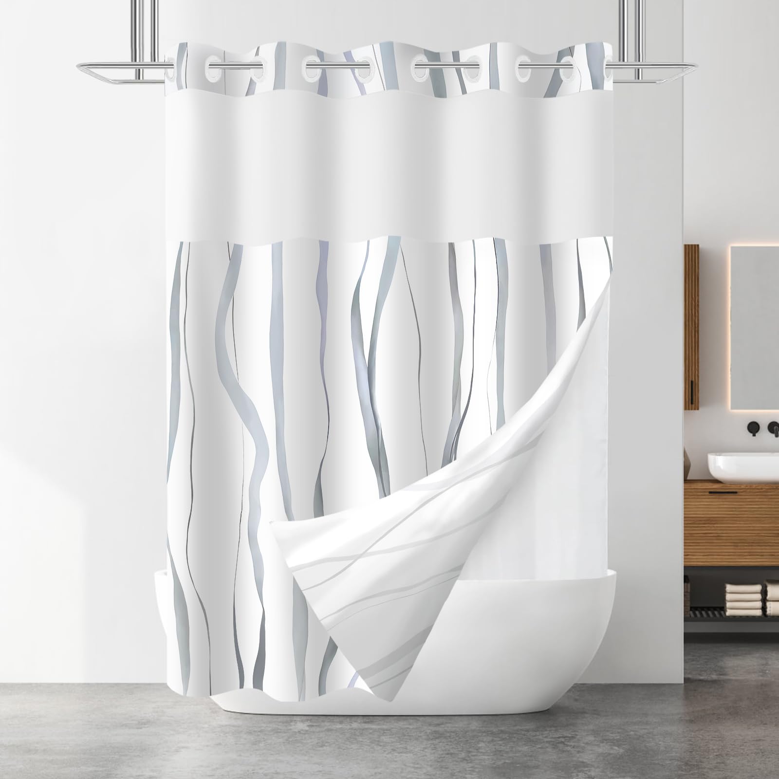 SSCRCUSLY No Hook Shower Curtain with Snap in Liner Set, White Hotel Style with Grey Striped Design, See Through Mesh Top Window, 71x74 Inches