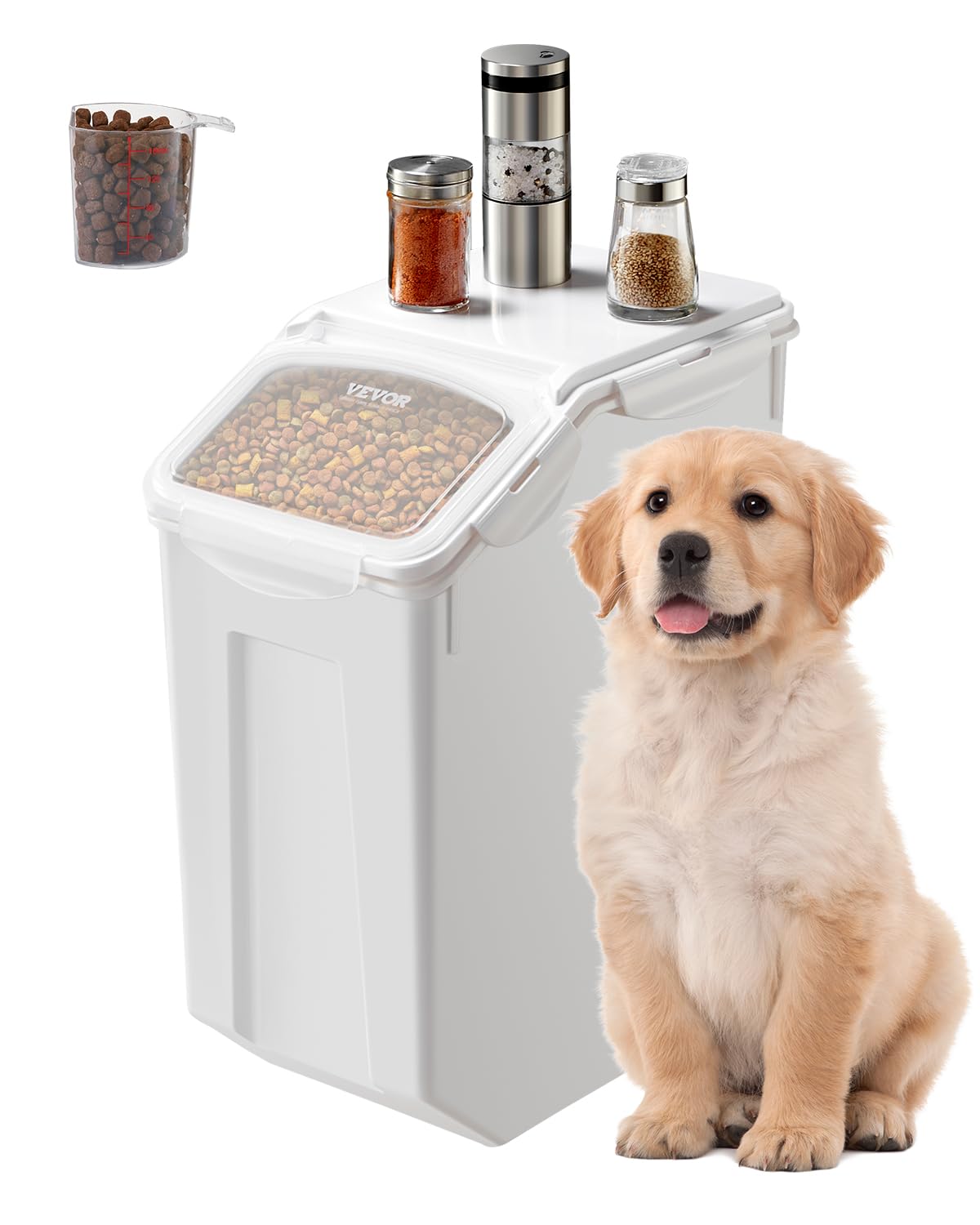 vevor rice storage container, 4.5gallon/20l capacity large dog food dispenser bin, kitchen ingredient grain cereal flour bin, pet food containers with wheels, measuring cup, airtight lid, 1 pack