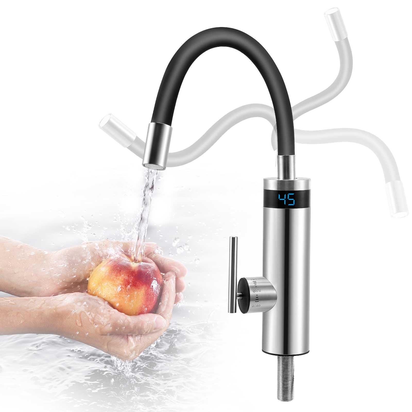 Robinet Électrique avec Chauffe-eau Instantané, 3000w Robinet Chauffant en Acier Inoxydable, Сhauffe-Eau de Cuisine Avec Col Flexible et Affichage de la Température, pour Cuisine, Salle de Bain
