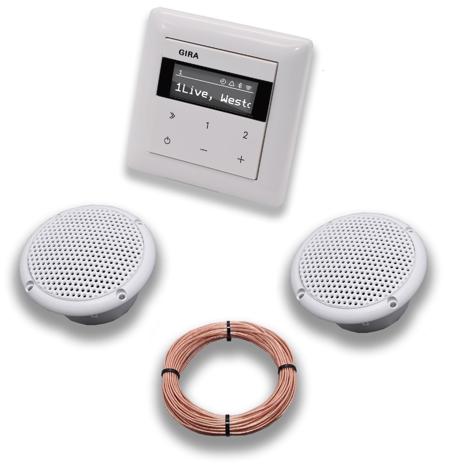 Gira Unterputz IP Internetradio 232003 + Bluetooth Komplett-SET System 55, reinweiß glänzend + 2 x Deckenlautsprecher Einbaulautsprecher (Feuchtraum/Badezimmer) + 20 Meter Lautsprecherkabel 2x0,75 mm