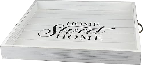 Miniatura 2 de Stonebriar Bandeja de madera decorativa casera dulce blanca desgastada cuadrada con manijas de metal