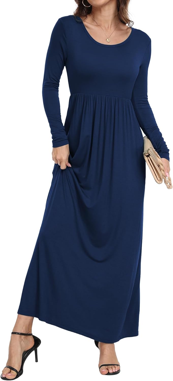HAOMEILI Women's Long Sleeve Loose Plain Long Maxi Casual Dresses with Pockets M Navy Blue - Image 3