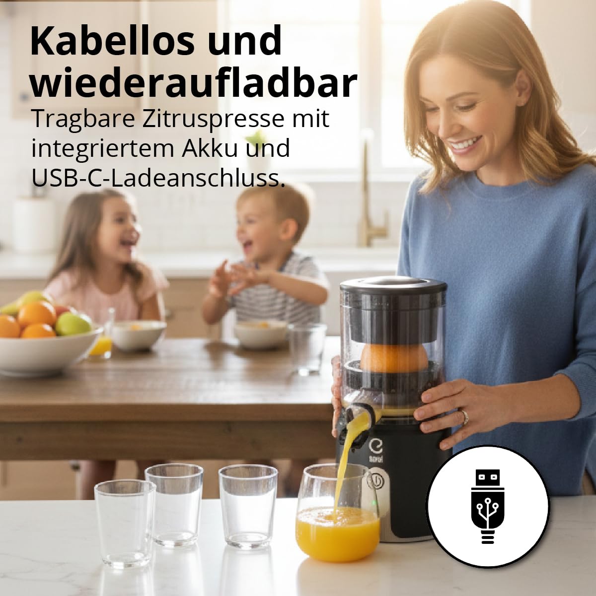 EUREL OA42 Elektrische Zitruspresse – Kabellose Zitronenpresse mit Akku – Saftpresse elektrisch für Zitrusfrüchte, BPA-frei, Schwarz