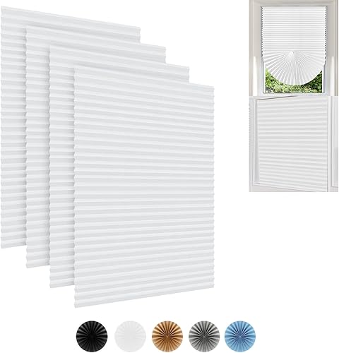 Paquete de 4 cortinas opacas de papel plisadas sin cordones para ventana, persianas temporales de tela plisada filtrante de luz, para oscurecer la