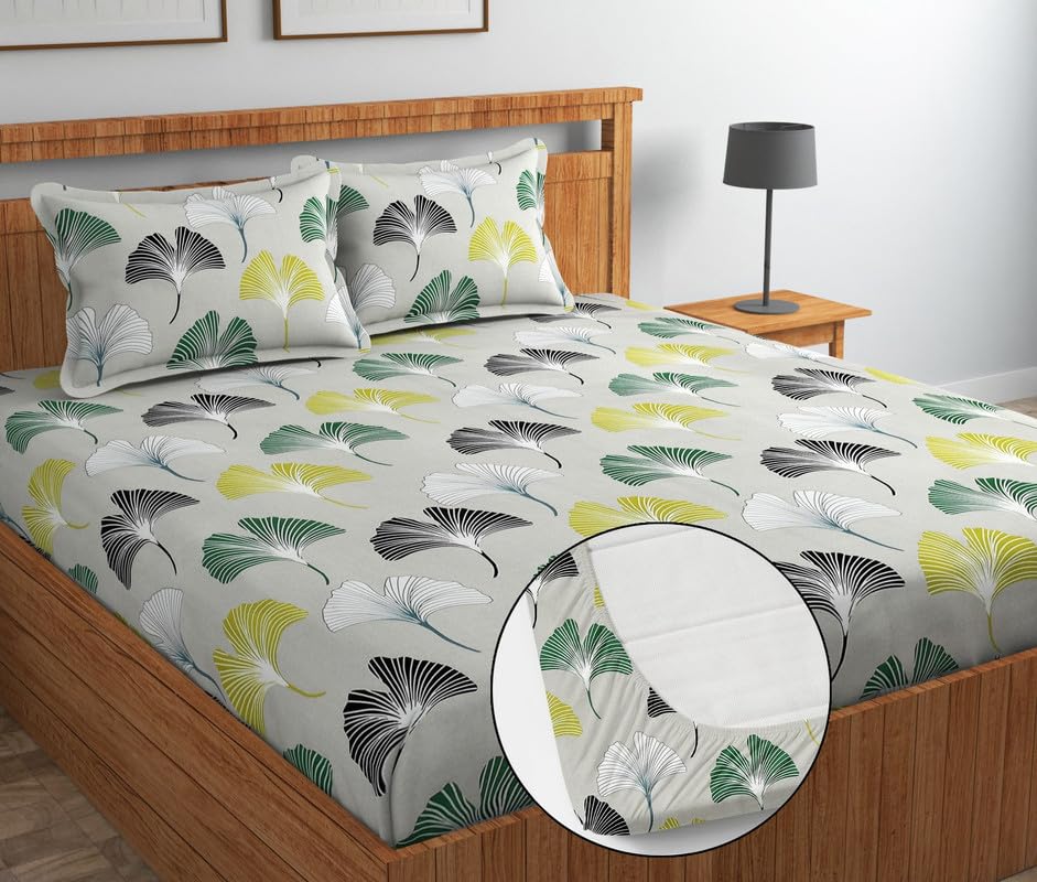 Image of NHD HOME Premium Cotton Elastic Fitted Bedsheets with 2 King Size Pillow Covers Double Bed with All Around Elastic Supersoft Size - 72 King Sizex78+10 inches White Green 200 tc - 220 tc