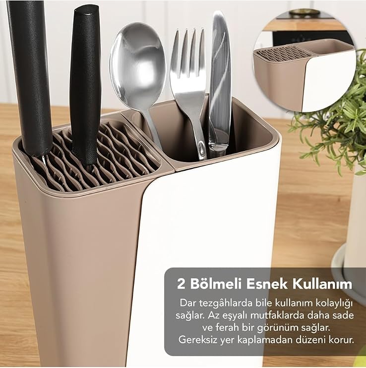 Ayarlanabilir Sürgülü Kaşıklık Bıçaklık Organizer,2-3 Bölmeli Tezgah Üstü Stand (KREM)