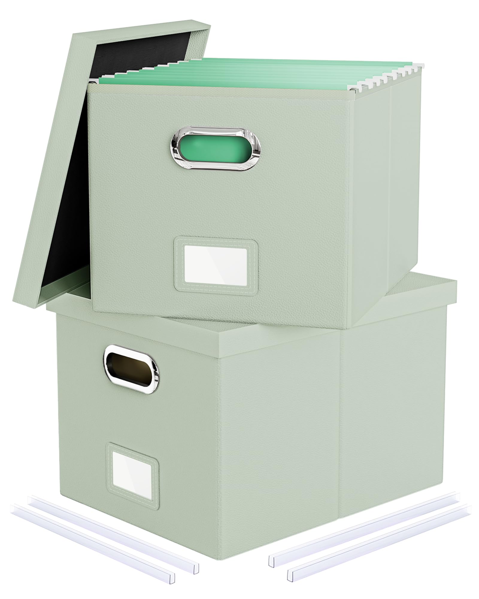 2 Pack File Storage Organizer, Portable File Box with Lid, Fit for Letter/Legal File Folder Storage, Grey-green (Leather) Box