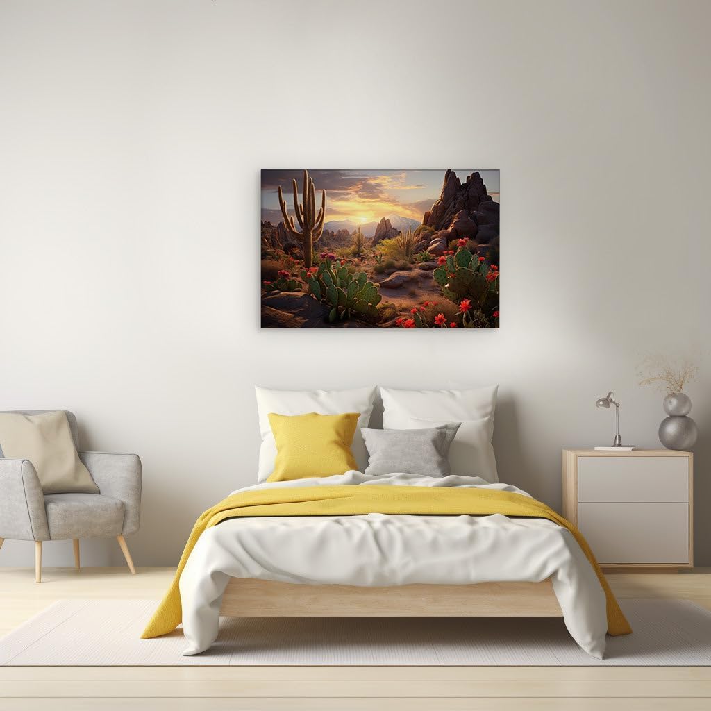 Canvas for Living room. Sunset Serenade in Cactus Country - A Dreamy Desert Tableau, 27 x 18 inch Canvas Wall Art - Contemporary Masterpieces - Modern Home Decor - 69x46 cm (27x18 inch)