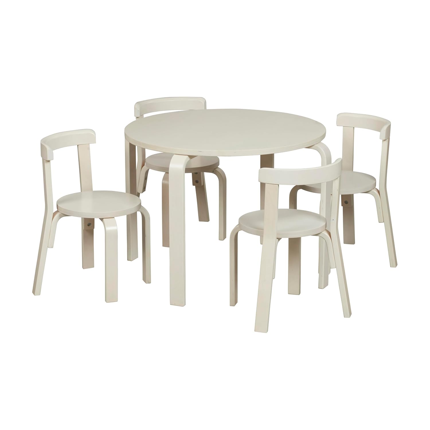 ECR4Kids Bentwood Round Table and Curved Back Chair Set, Kids Furniture, White Wash, 5-Piece