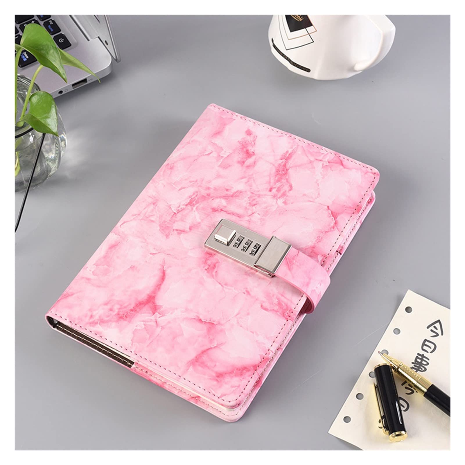 SePKUs Cuaderno con contraseña, textura de mármol, 100 hojas, diario personal con código de bloqueo, bloc de notas grueso, suministros escolares de oficina, regalo (D)