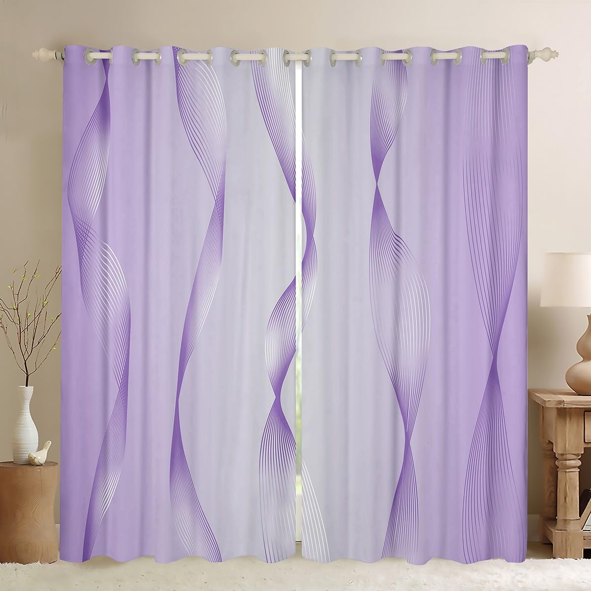 Homewish Gradient Lilac and Greyish White Blackout Curtains Ombre 2 Panels 46" Wx72 L Curtains & Drapes,Trippy Spiral Silver Wave Line Curtains,Abstract Art Room Decor Aesthetic - Image 2