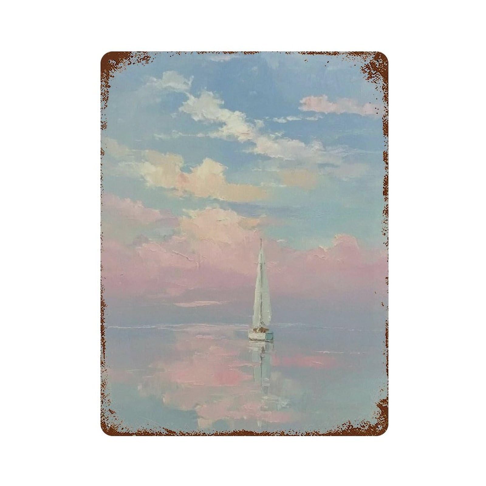 xiaoxiaoshen Sailboat at Sunset Pastel Seascape Dreamy Ocean Painting Soft Sky Reflection Ser Wall Decor Art Metal Tin Poster Modern Home Decor Art Home Bar Shop Decorations Vintage Sign 40x30cm