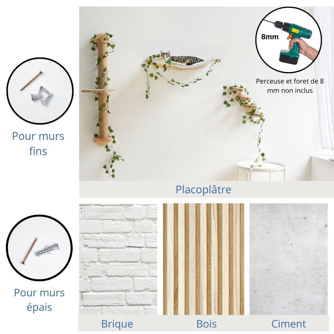 Griffoir Mural Chat - Facile à Installer, Économise de l'espace - Arbre à Chat Mural avec Plateforme Antidérapante pour Stimuler Le Jeu des Chats - Parcours Chat