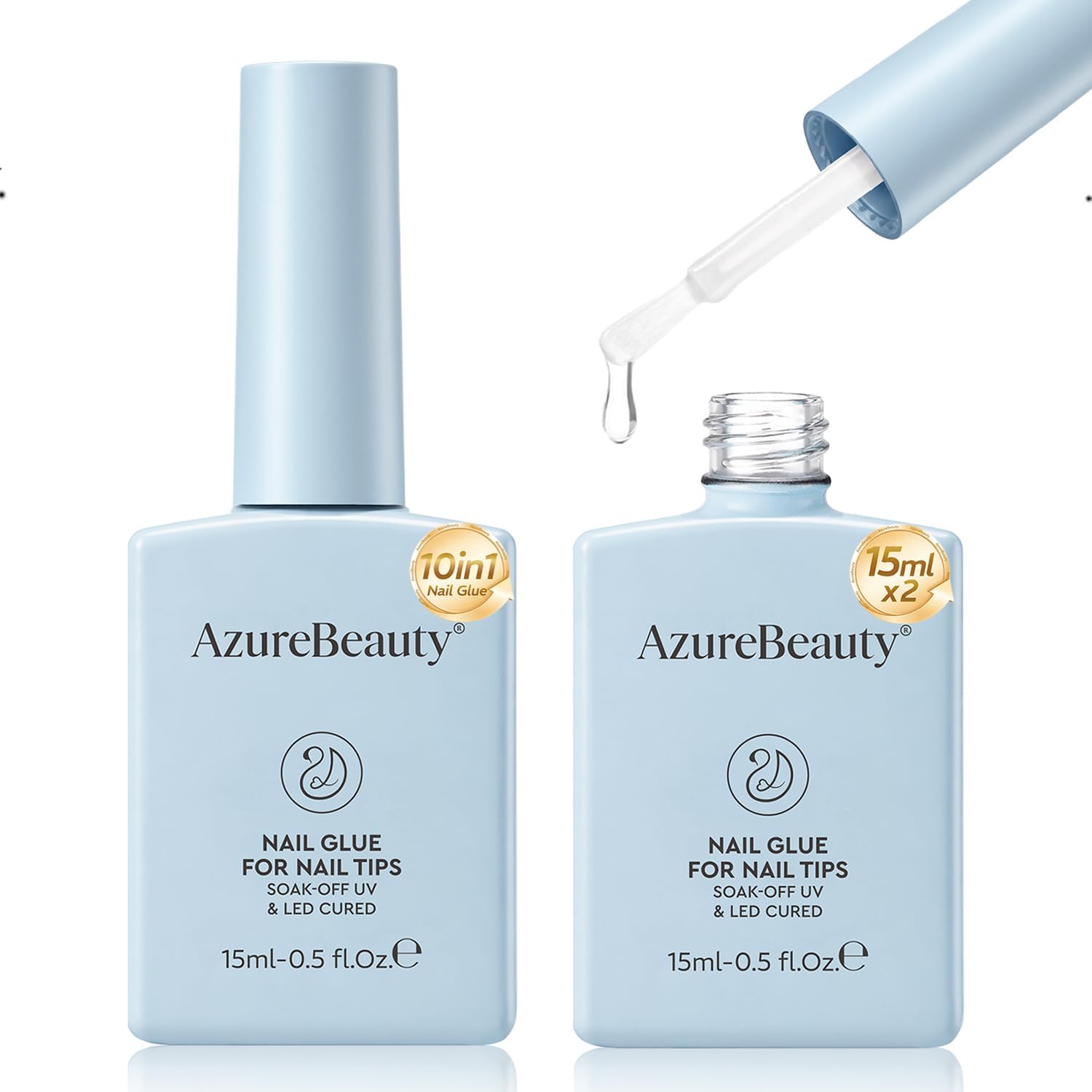 AZUREBEAUTY 10 in One Gel Nail Glue for Acrylic Nail Tips, 2 Pcs 15ml Nail Glue Base Coat for False Nail Tips, Rhinestones, Blooming Art Gel, Long-Lasting, Easy and Fast Extension, U V Light Needed