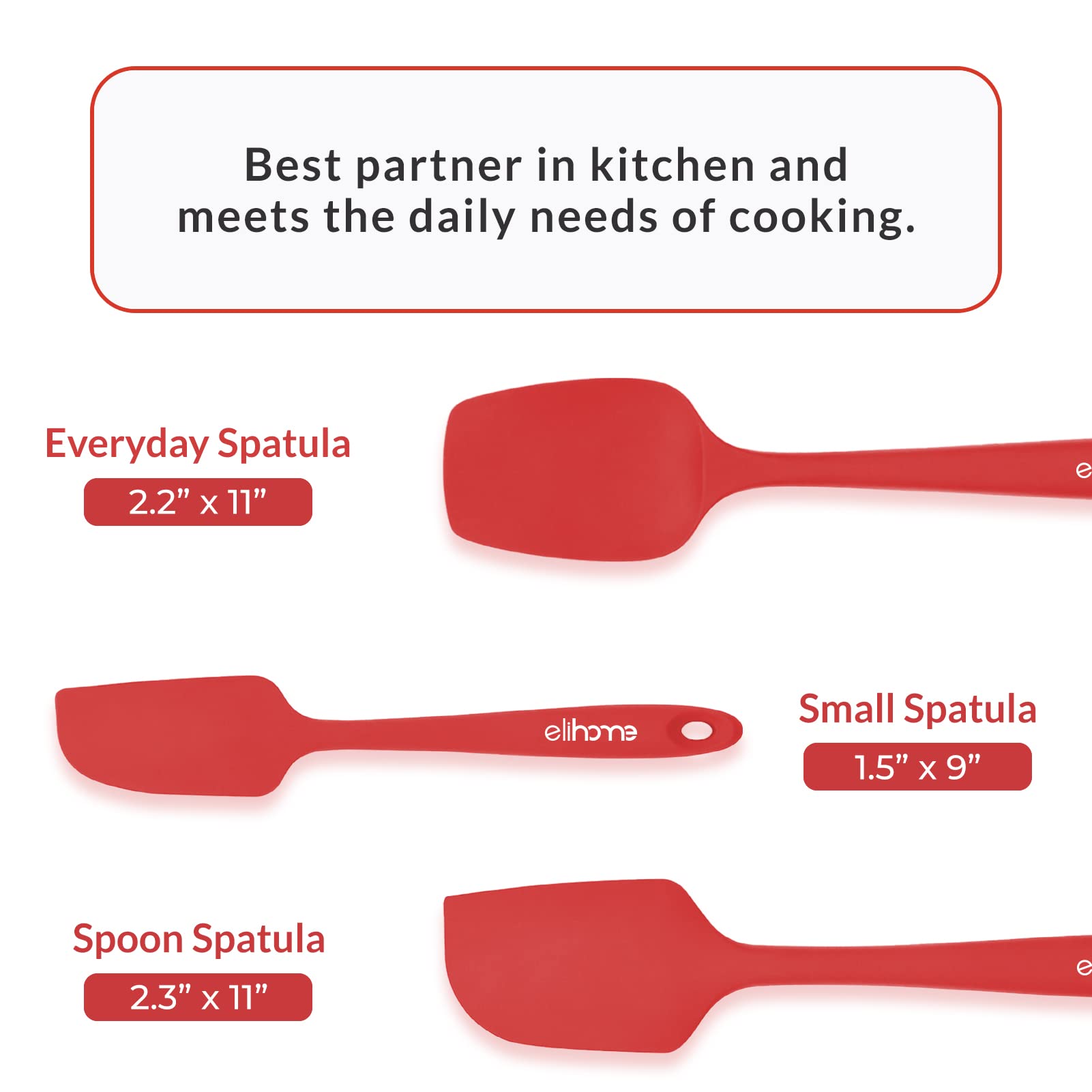 Elihome Chef Series 3-teiliges Silikon-Spatel-Set, hitzebeständig, antihaftbeschichtet, Gummi, zum Kochen, Backen und Mischen, BPA-frei und LFGB-zertifiziertes Silikon (rot)
