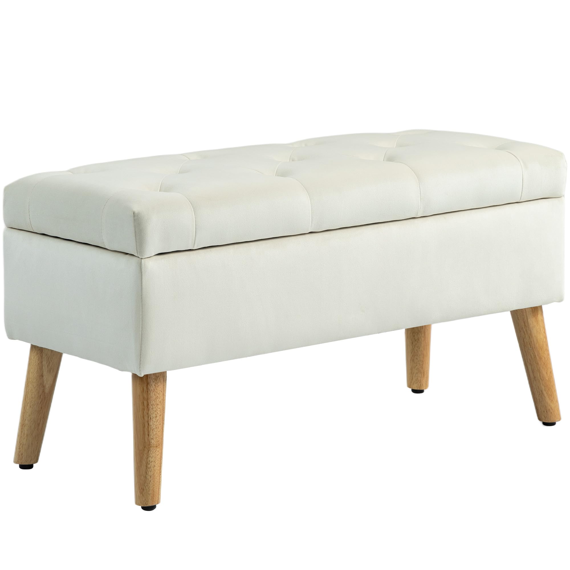 HOMCOM Banco de almacenaje, Caja de almacenaje, con Tapa, Tejido Efecto Terciopelo, Patas de Madera, Capacidad de Carga hasta 120 kg, para salón, Dormitorio, Pasillo, 80 x 35 x 40 cm, Crema