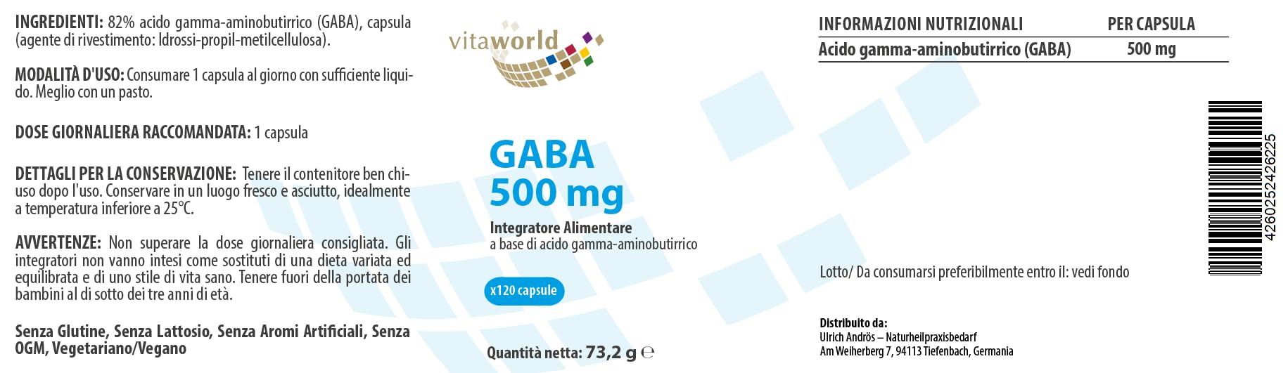 Vita World GABA 500mg 120 Capsule Acido Gamma-aminobutirrico Vegano Made in Germany
