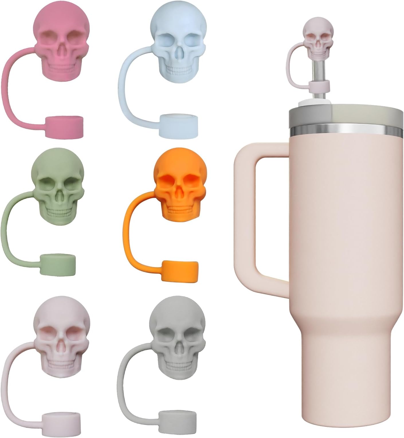 6 PCS Cute 3D Skull Designed Straw Covers for Stanley Cup 30 40 oz, 10 mm 0.4 inch Silicone Reusable Drinking Straw Toppers
