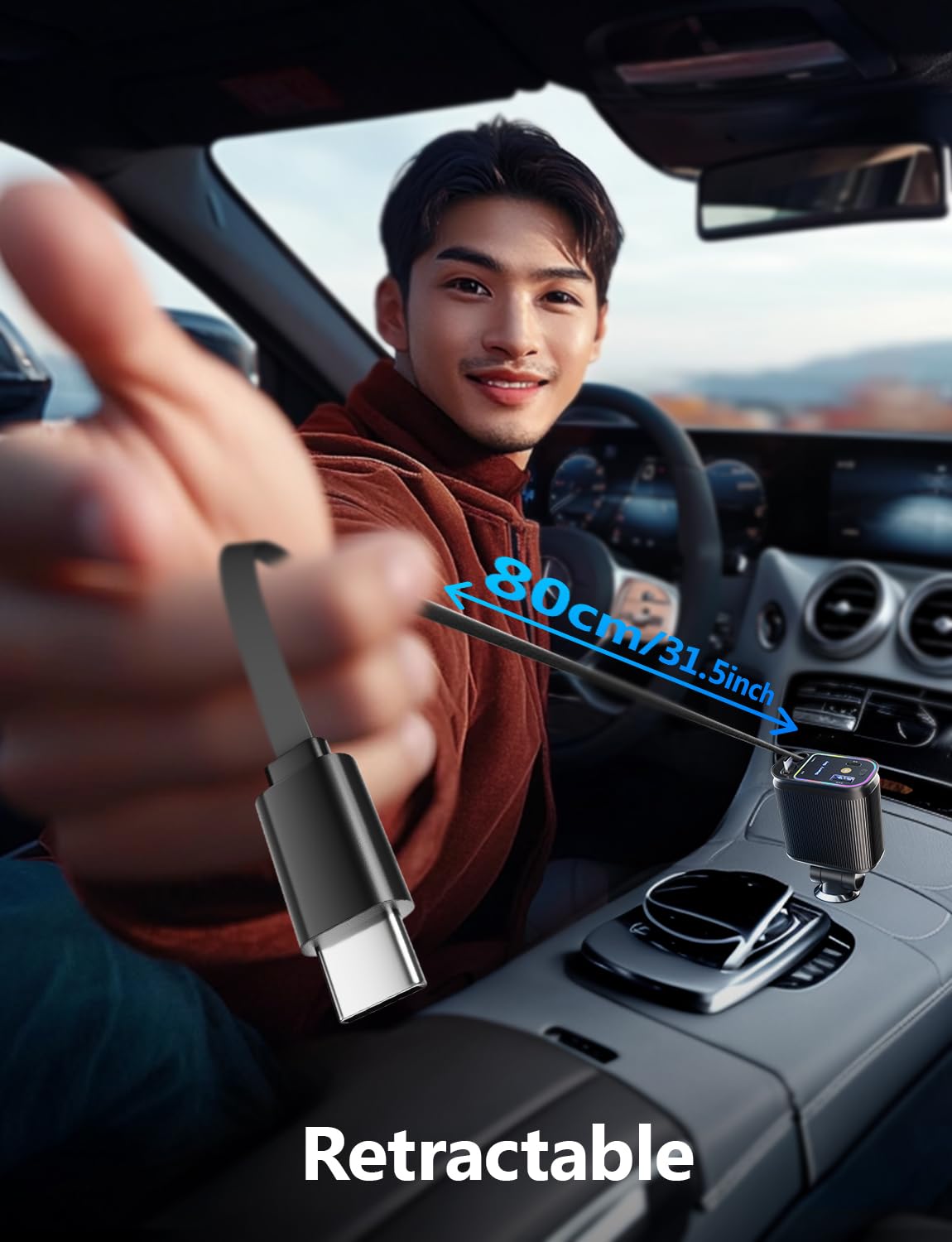Starlight - Cargador retráctil para coche con cables dobles tipo C, 66 W, luz de estrella en el techo del coche, adaptador retráctil 4 en 1, cable USB C de carga rápida, compatible con iPhone 17/16/15