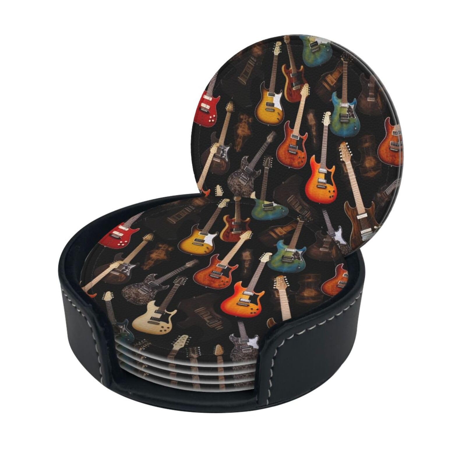 Smazdfxx Women's As Pic Stylish Coasters - Guitars Set Of 6 Round Leather Drink Coasters With Holder - Perfect Size For Cups And Glasses