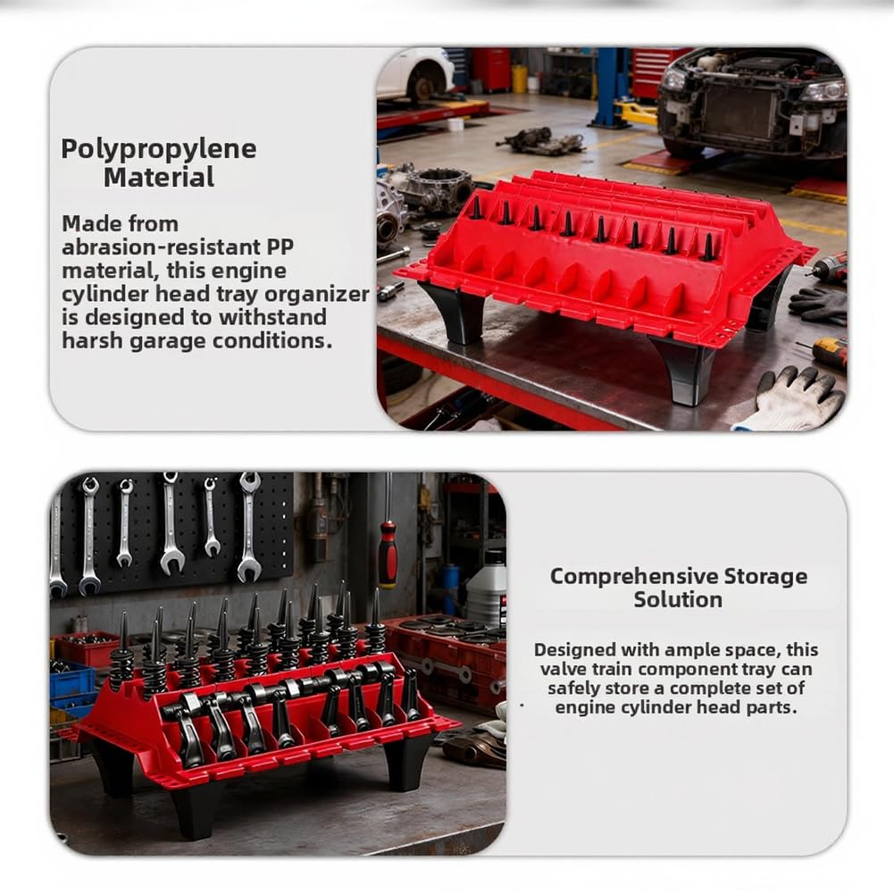 Plateau de pièces de culasse de moteur, boîte de rangement d'arbre à cames à ressort de soupape, plate-forme de rangement en polypropylène rouge pour atelier de réparation automobile