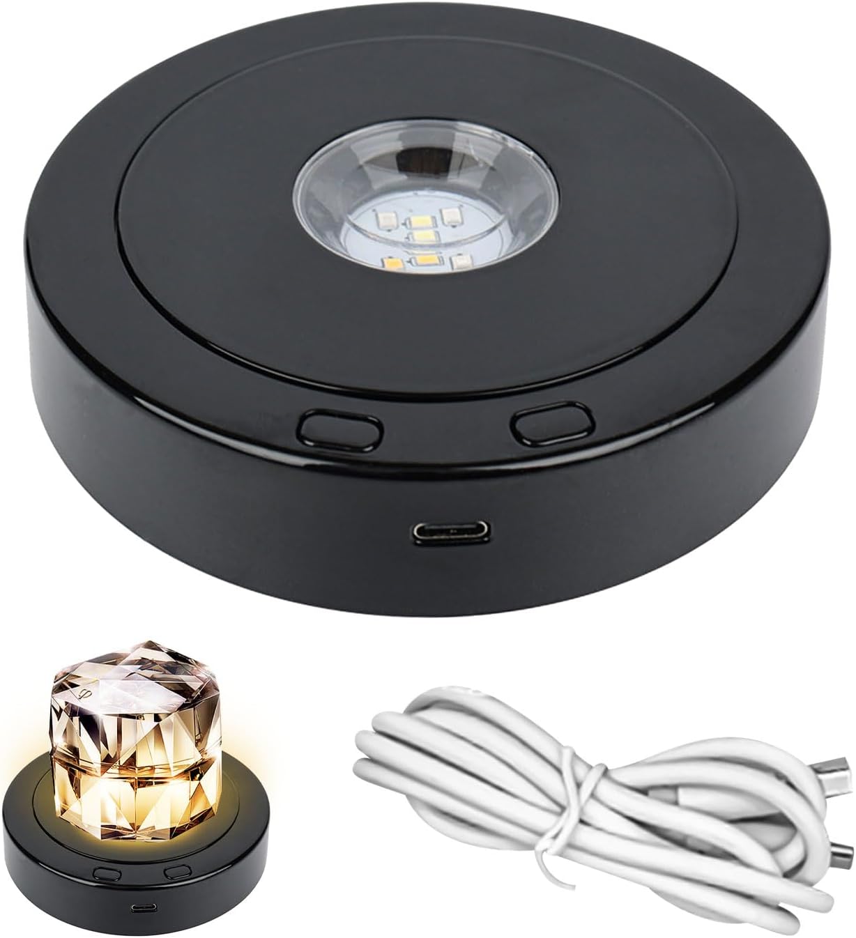 JOJOCY Black Rotatable Round LED Light Base, 4 Revolving & 8 Light Modes Display Stand, Multiple Led Color Rotating Display Base for Crystal Statues Glass Ball Glass Art