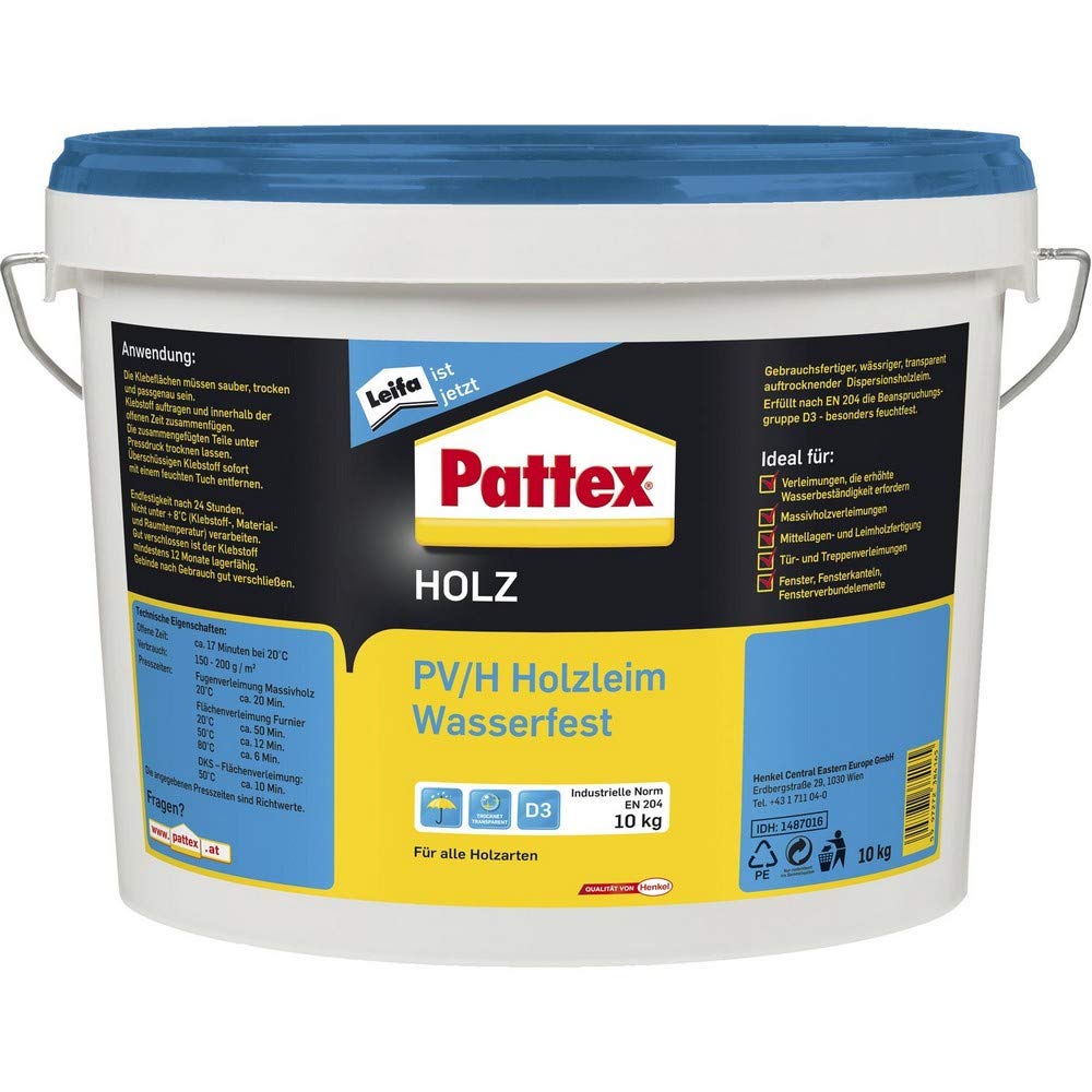 Pattex Holzleim wasserfest Leim D3 mit hoher Wasserbeständigkeit - Holzkleber extra stark für alle Holzarten - Holzleim für Treppen, Fenster und Massivholz, 10kg transparent