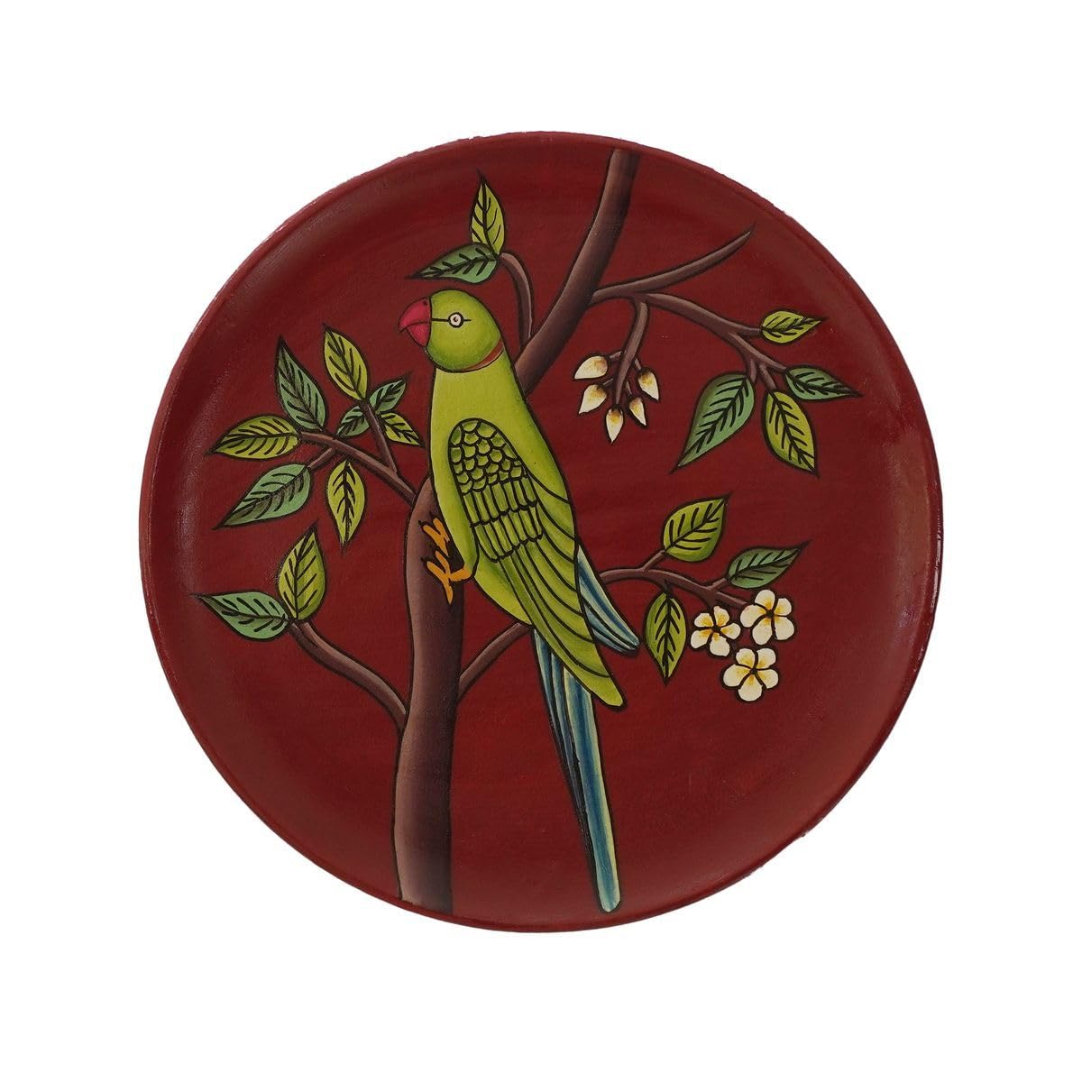 Tarang Arts Parrot Hand-Painted Wooden Wall Hanging Plate | Decorative Wall Art, Unique Handcrafted Home Decor | Traditional Design, Rustic Wooden Wall Plate | Ethnic Style Wooden Plate