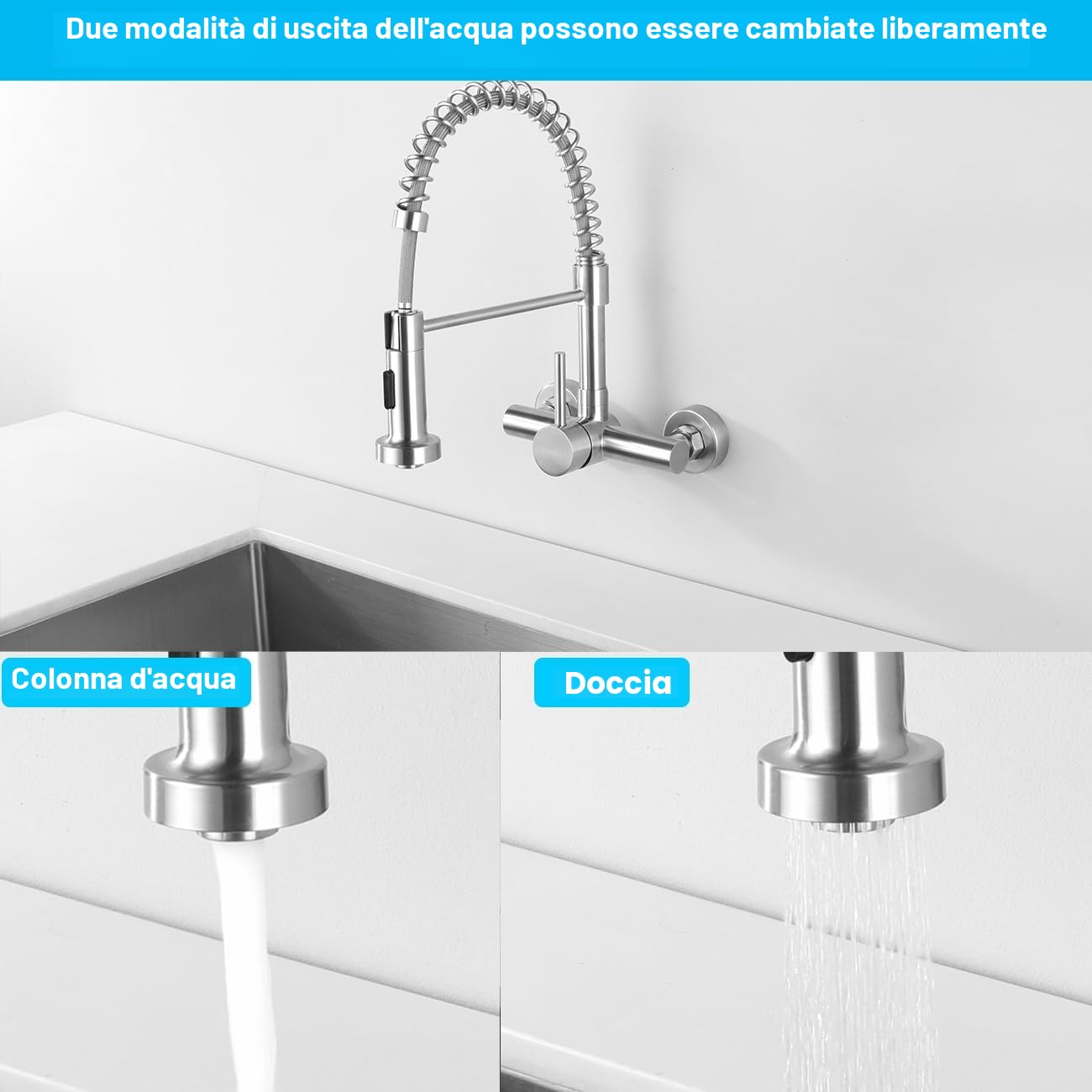 Rubinetto Cucina Flessibile a Parete 15cm (± 1,5cm) con Doccetta a 2 Modalità, Miscelatore Monocomando a Muro Girevole a 360°, Rubinetti Molla per Lavello, Acciaio Inox 304, Aeratore Rimovibile
