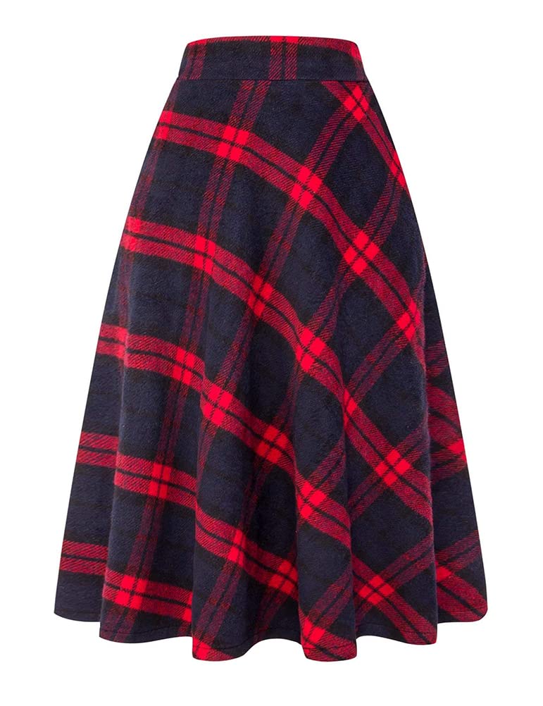Ylingjun Long Plaid Wool Skirt for Womens Winter Fall Warm High Elastic Waist A line Flared Pleated Wool Tartan Skirts, Red, Medium