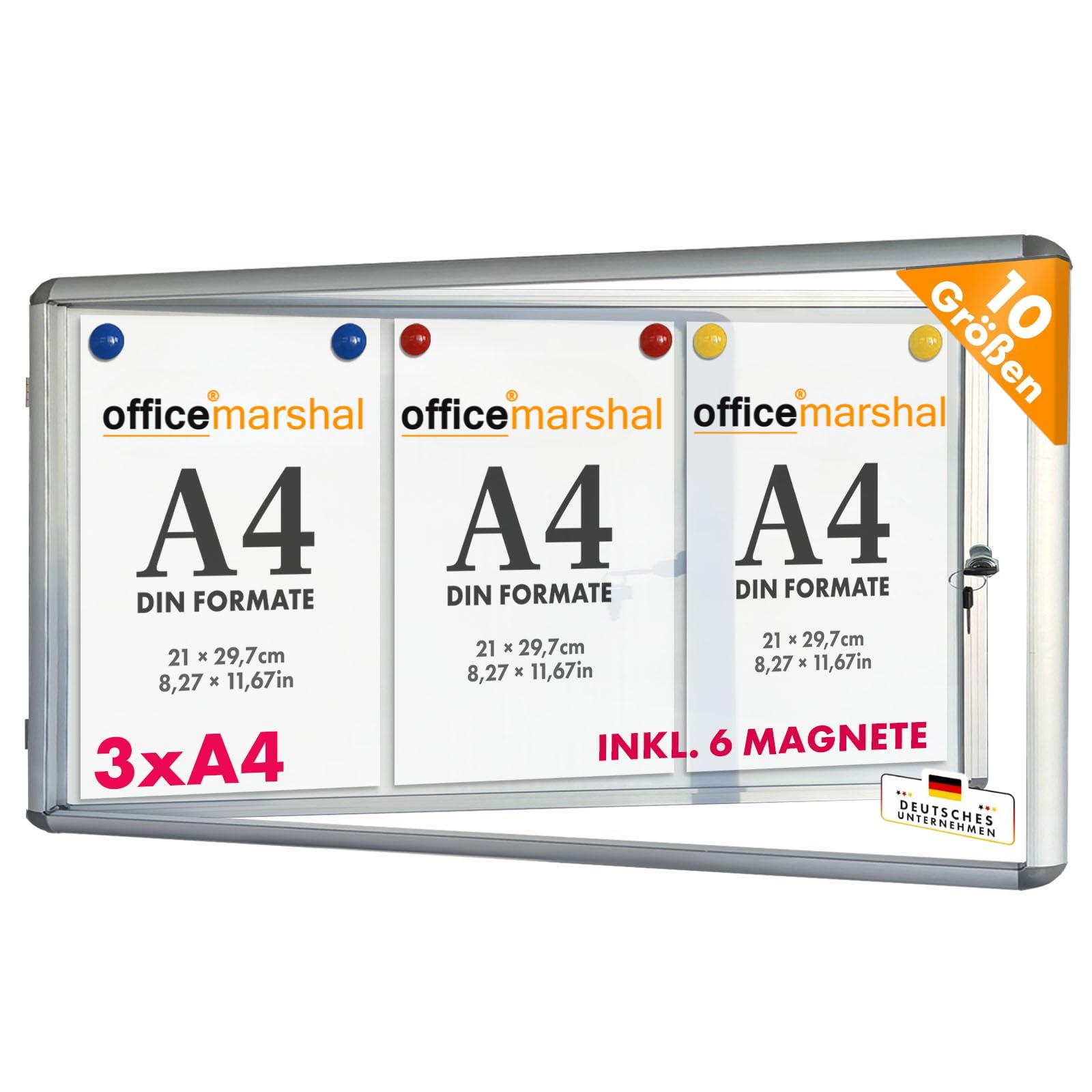 OfficeMarshal Schaukasten Exklusiv mit Montagematerial - Infokasten Aushang Aushangkasten Acrylglas - Magnetische & beschreibbare Rückwand - Flügeltür mit Zylinderschloss - Rahmen aus Aluminium