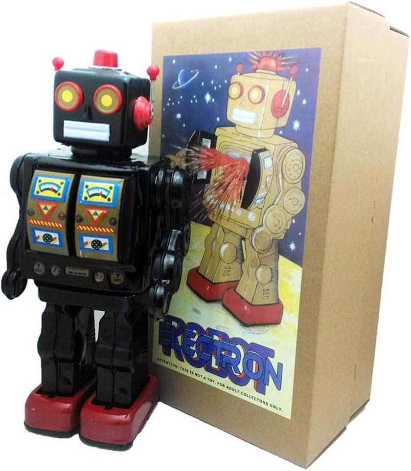 Charmgle Retro Tin Toys Walking Robot, Electric Rotating Desk Robot with Gun Fire Sound, Adult Collection Birthday Gifts Party Favor Handmade Robots Blue