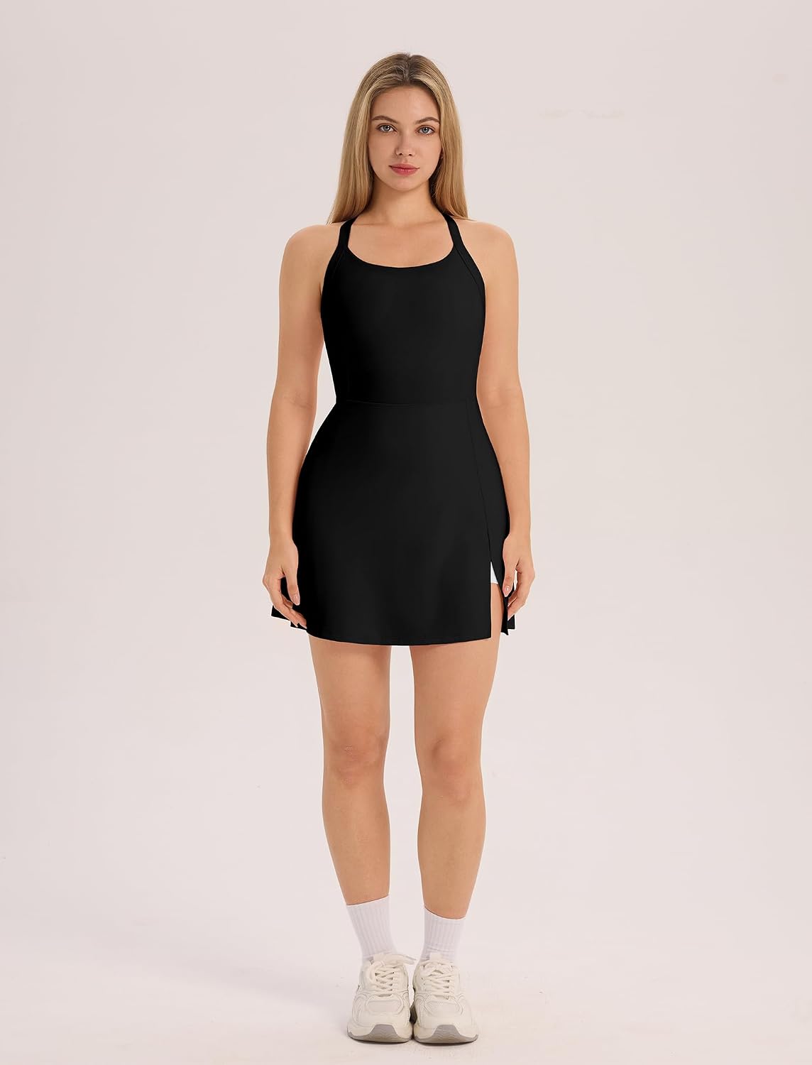 OMEWEE Tennis Dresses for Women Ruffle A-line Halter Dress with Shorts Active Yoga Golf Dress